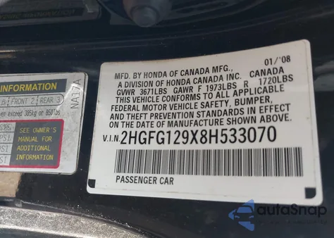 2008 Honda Civic Ex-L из США, поврежденный, VIN 2HGFG129X8H533070